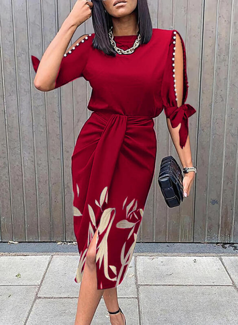 Women’s High Waist Casual Hollow Out Printed Sleeve Medium Length Dress