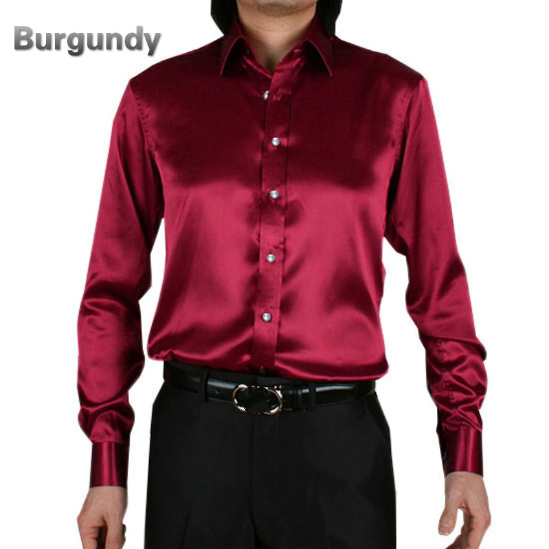 Mens Satin Silk Dress Shirt Long Sleeve Slim Business Formal Casual Tops Classic