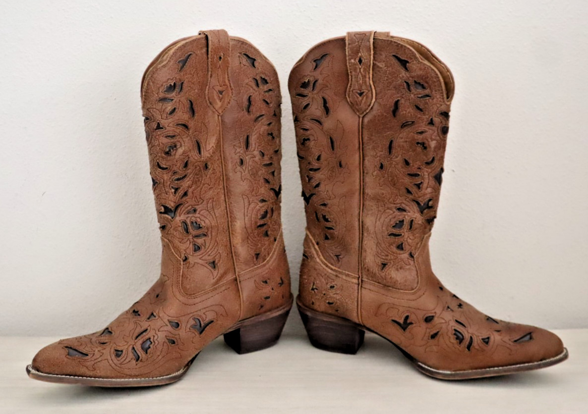 Laredo 52101 Women’s Sz 8M Brown Miranda Leather Inlay Western Boots