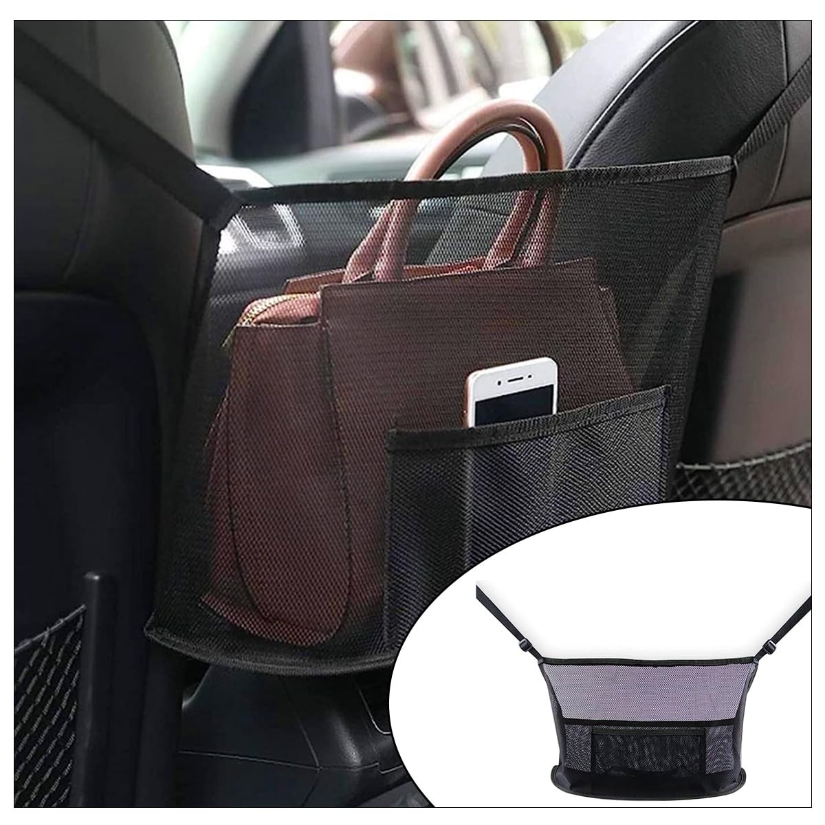 GLSOWEE Handbag Holder for Auto, Net Pocket Purse Holder Between Front Seats Car