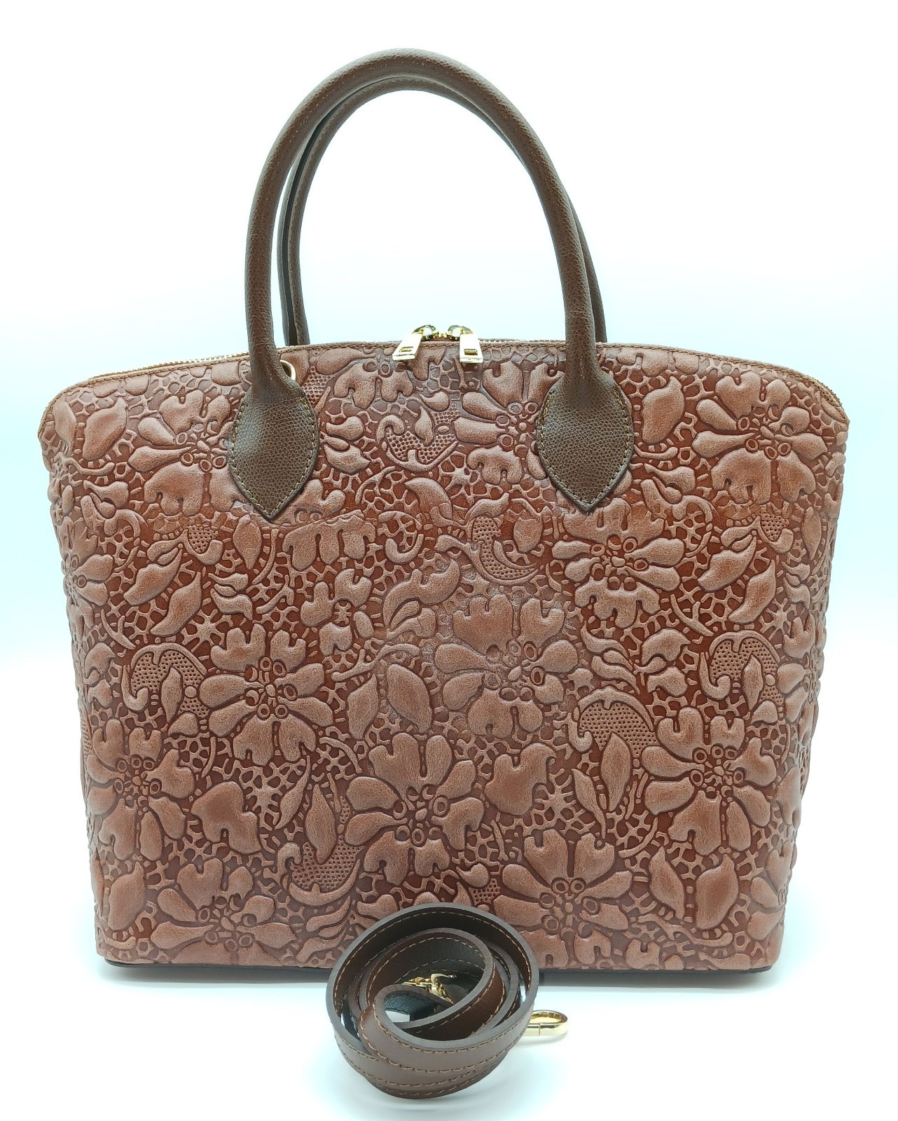 Brown Italian Genuine Leather Floral Embossed Handbag Satchel – Made In Italy