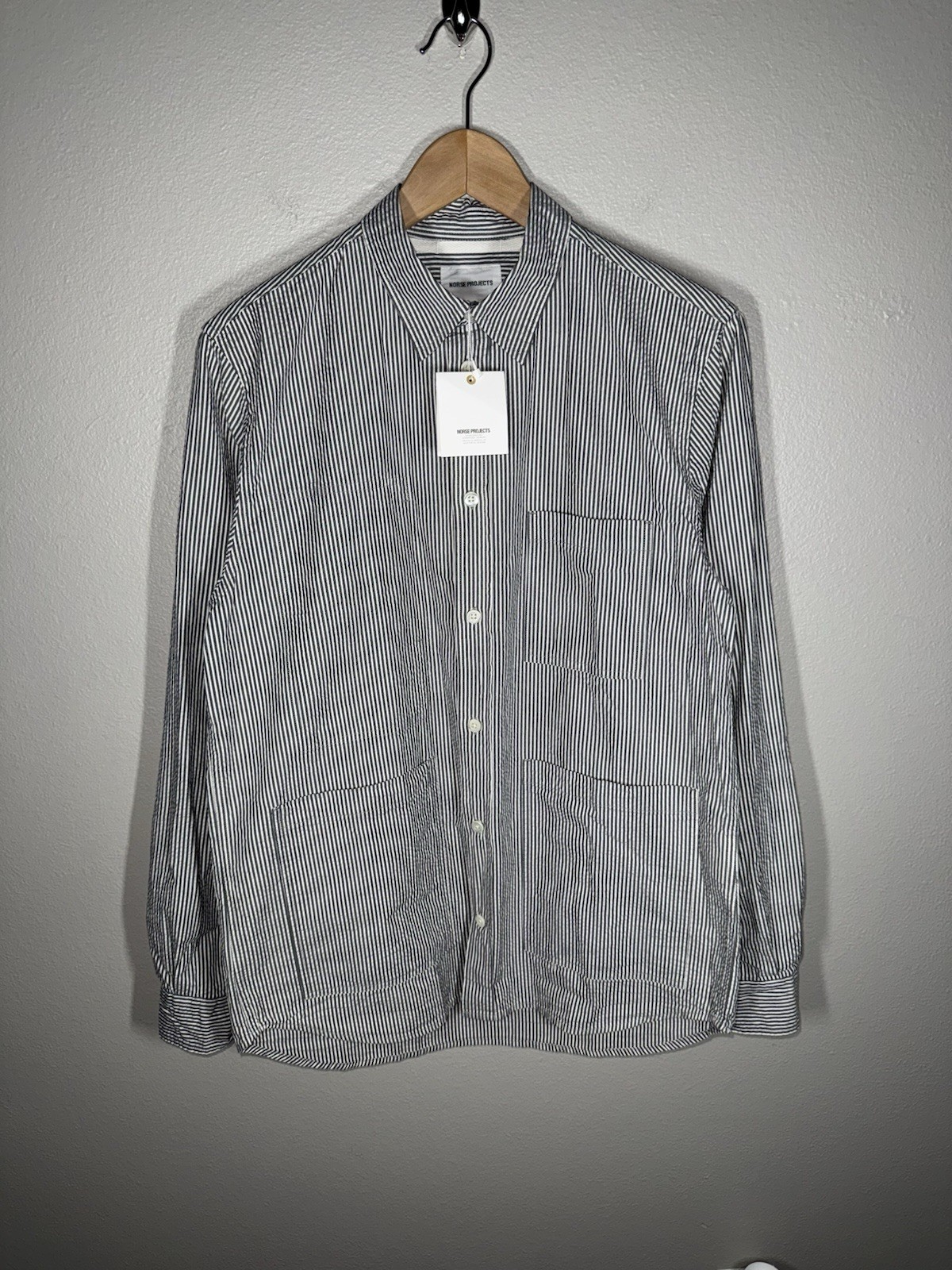 Norse Projects Thorsten Seersucker Shirt Mens Size M Navy Striped (NEW)