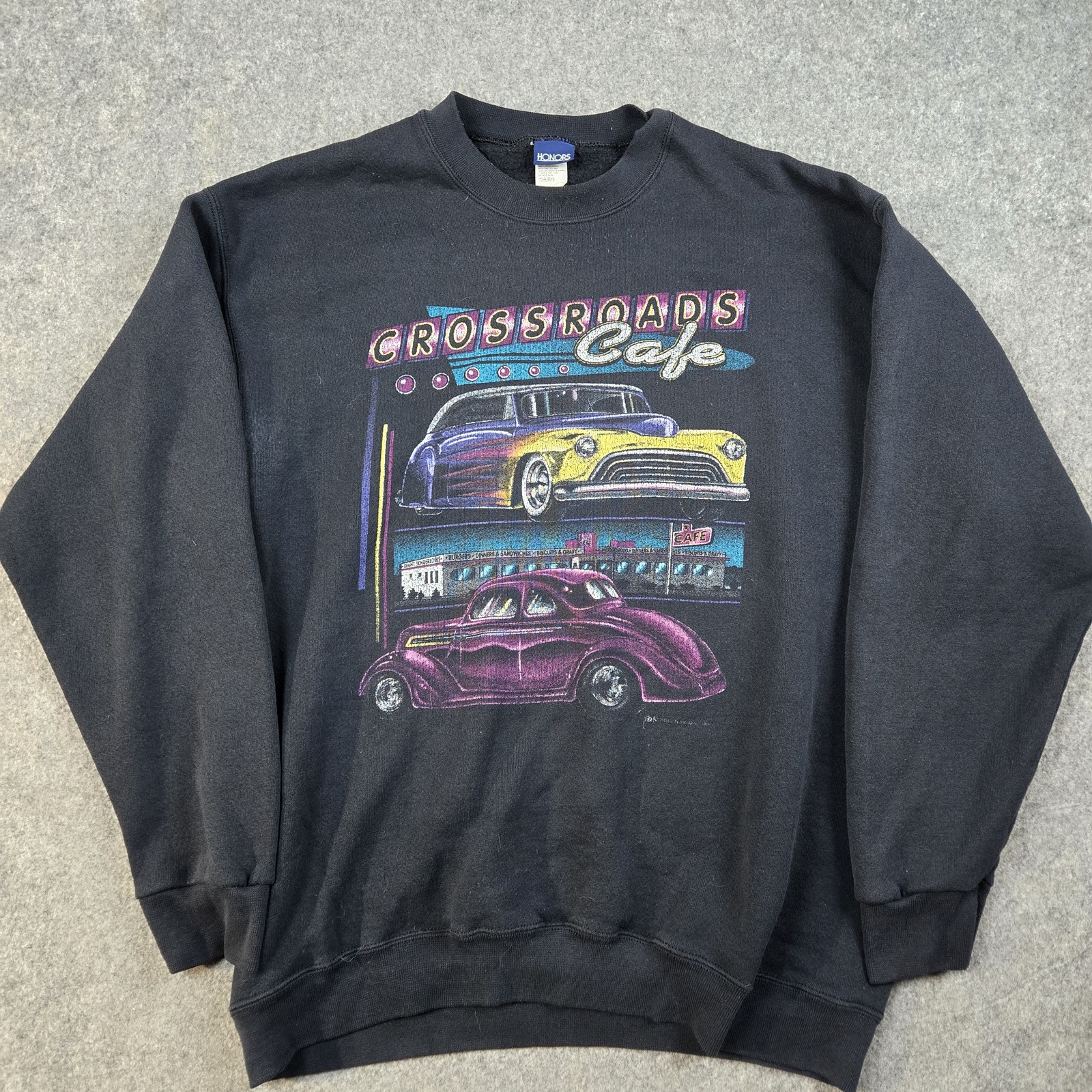 Vintage Crossroads Cafe Sweatshirt Mens LT Classic Cars Graphic Honors USA 90s