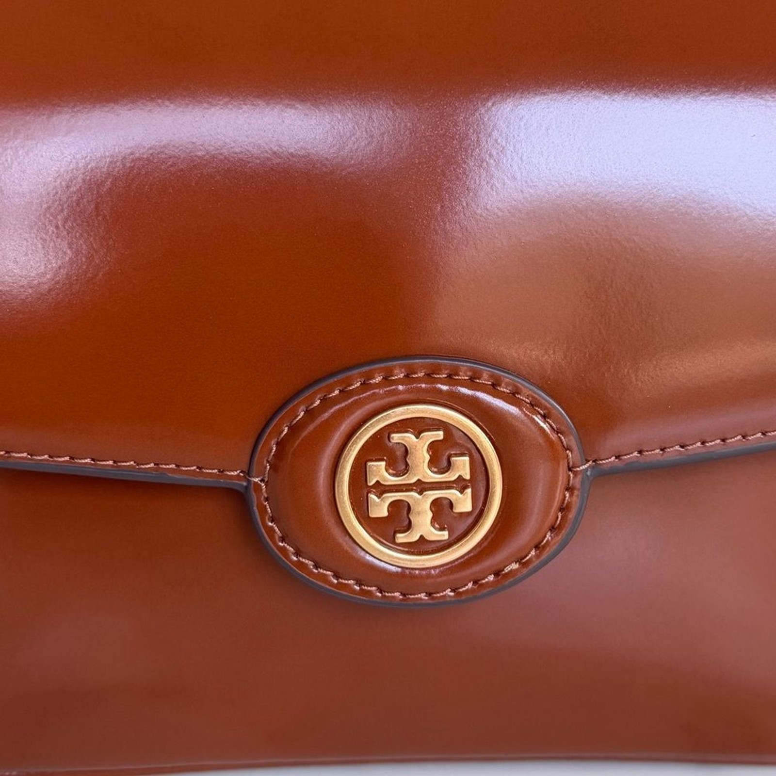 Tory Burch Robinson Spazzolato Leather Shoulder Bag Dark Sienna Brown Patent