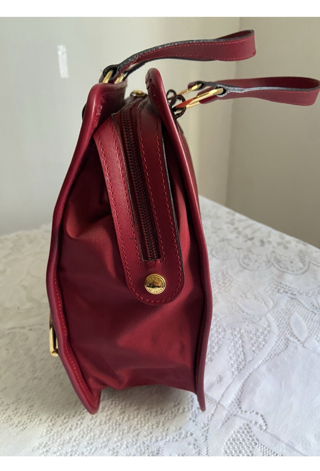 Vintage Moschino by Redwall Satin Novelty Satchel Red Gold Hardware Heart Charm