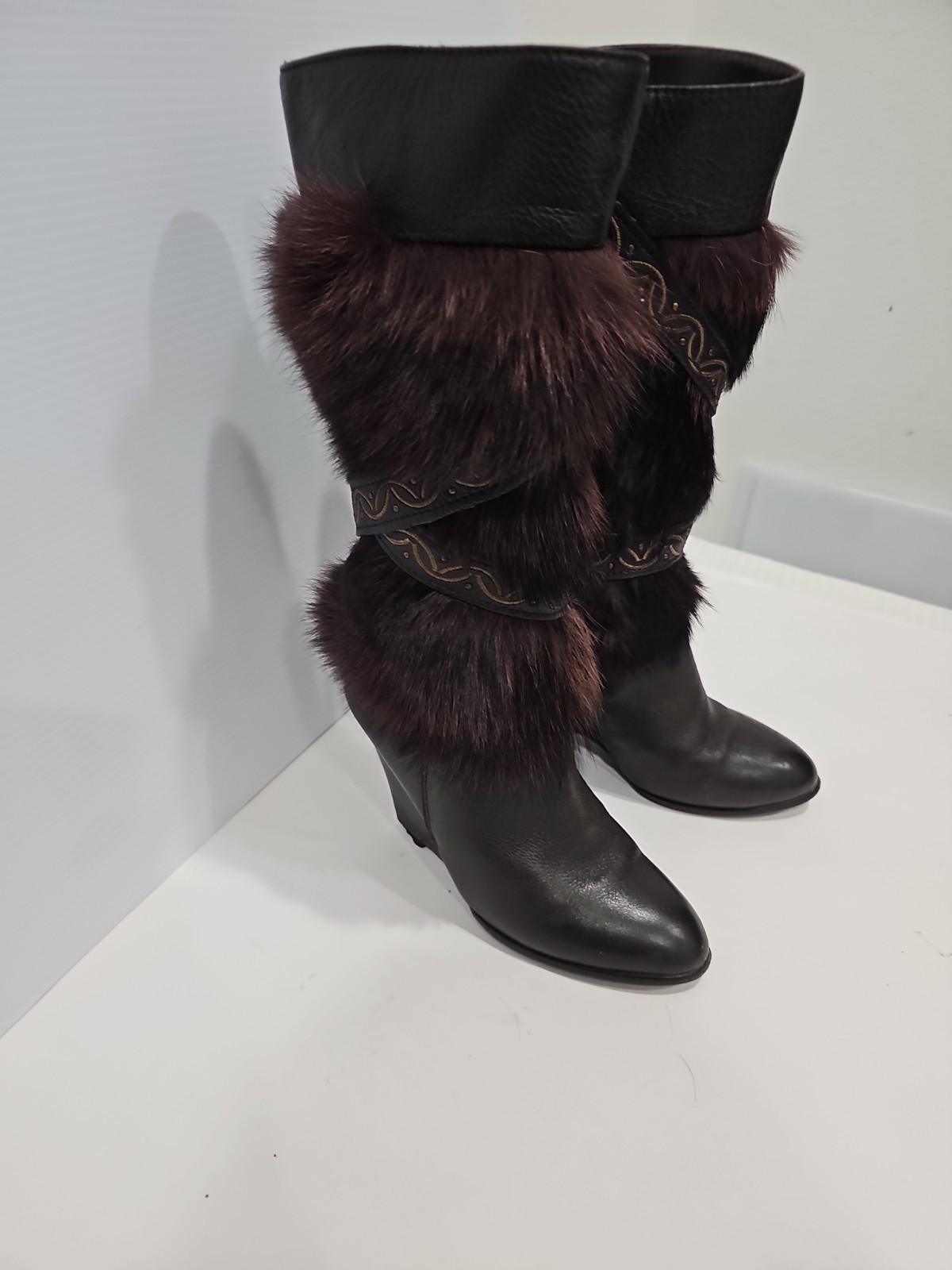 MALINO VICINI Leather & Fur Brown Boots Wedge EU 37 US 7