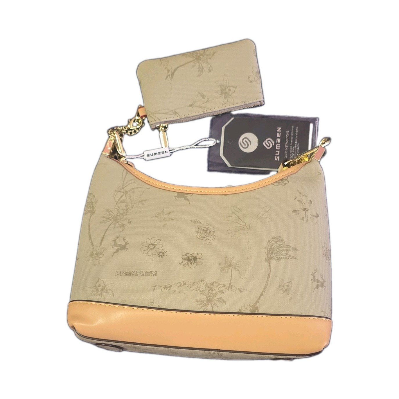 Women’s Beige Floral Shoulder Handbag with Matching Coin Purse