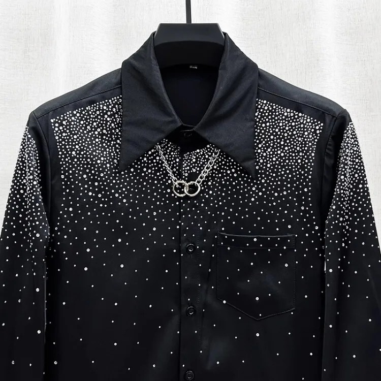 Men Luxury Fashion Trend Starry Sky Diamonds Rhinestone Casual Button Down Shirt