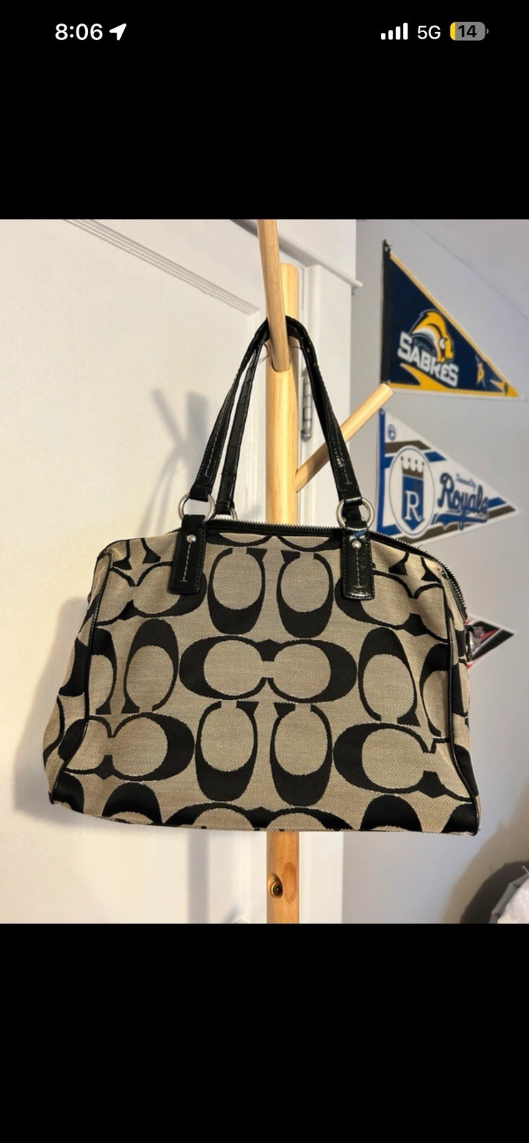 Coach Black/Beige Signature Logo Satchel Bag Zip Closure Silver Hardware Pockets