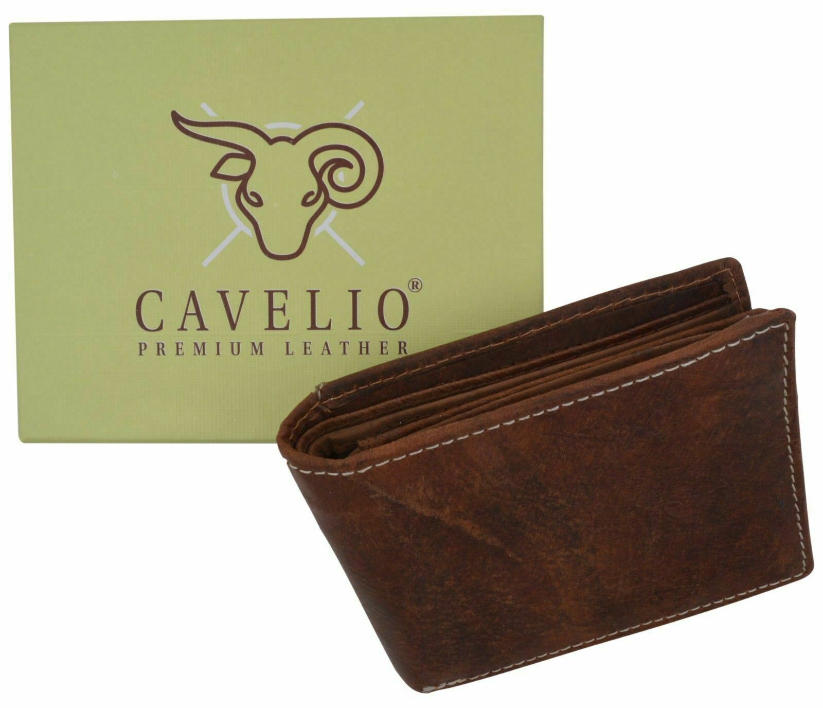 Cavelio Bifold Mens Premium Leather Center Flap ID Card Holder Wallet Gift Box