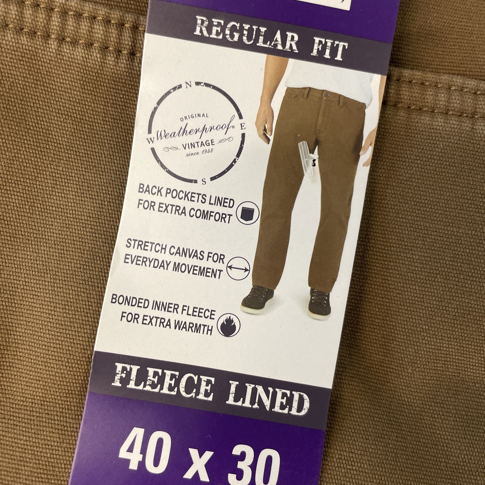 Weatherproof Vintage Men’s Fleece Lined Stretch Canvas Pant 40×30 BROWN Regular