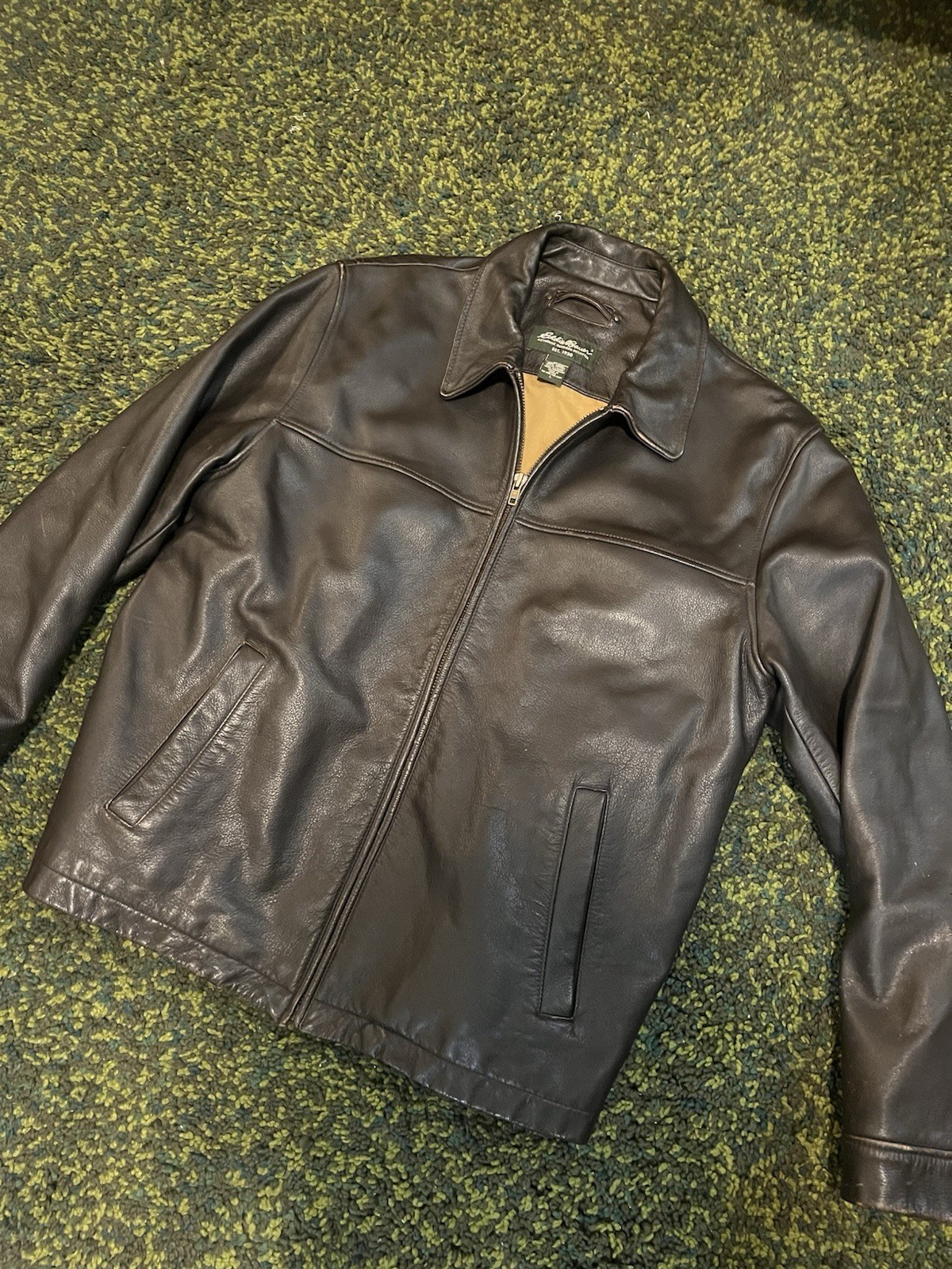 Eddie Bauer Men’s Brown Leather Full Zip Lined Jacket Point Collar Size L