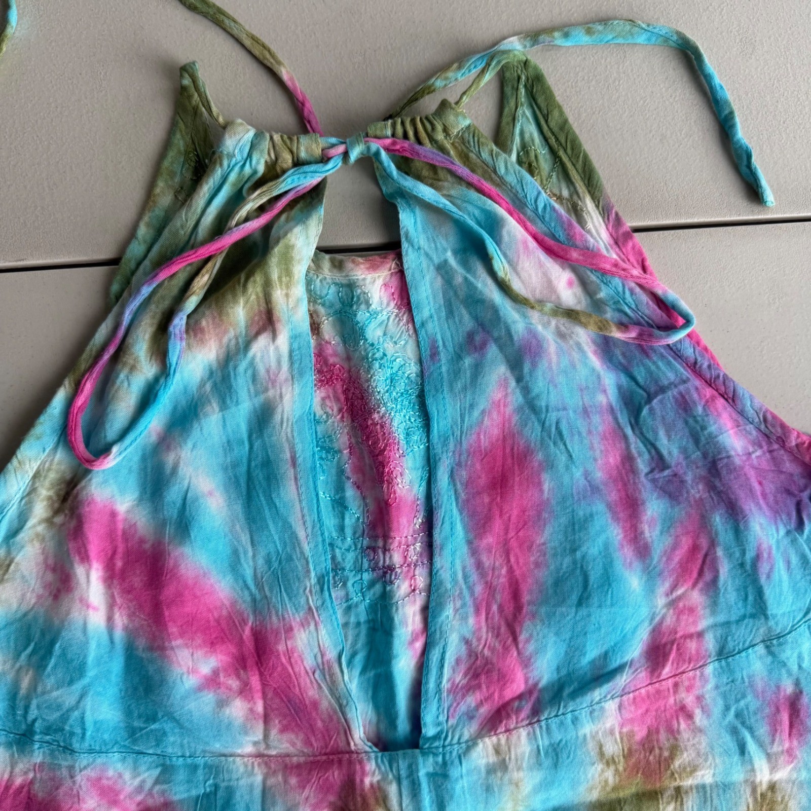 India Boutique One Size Pink Blue Green TieDye Embroider Halter Mini Dress Beach
