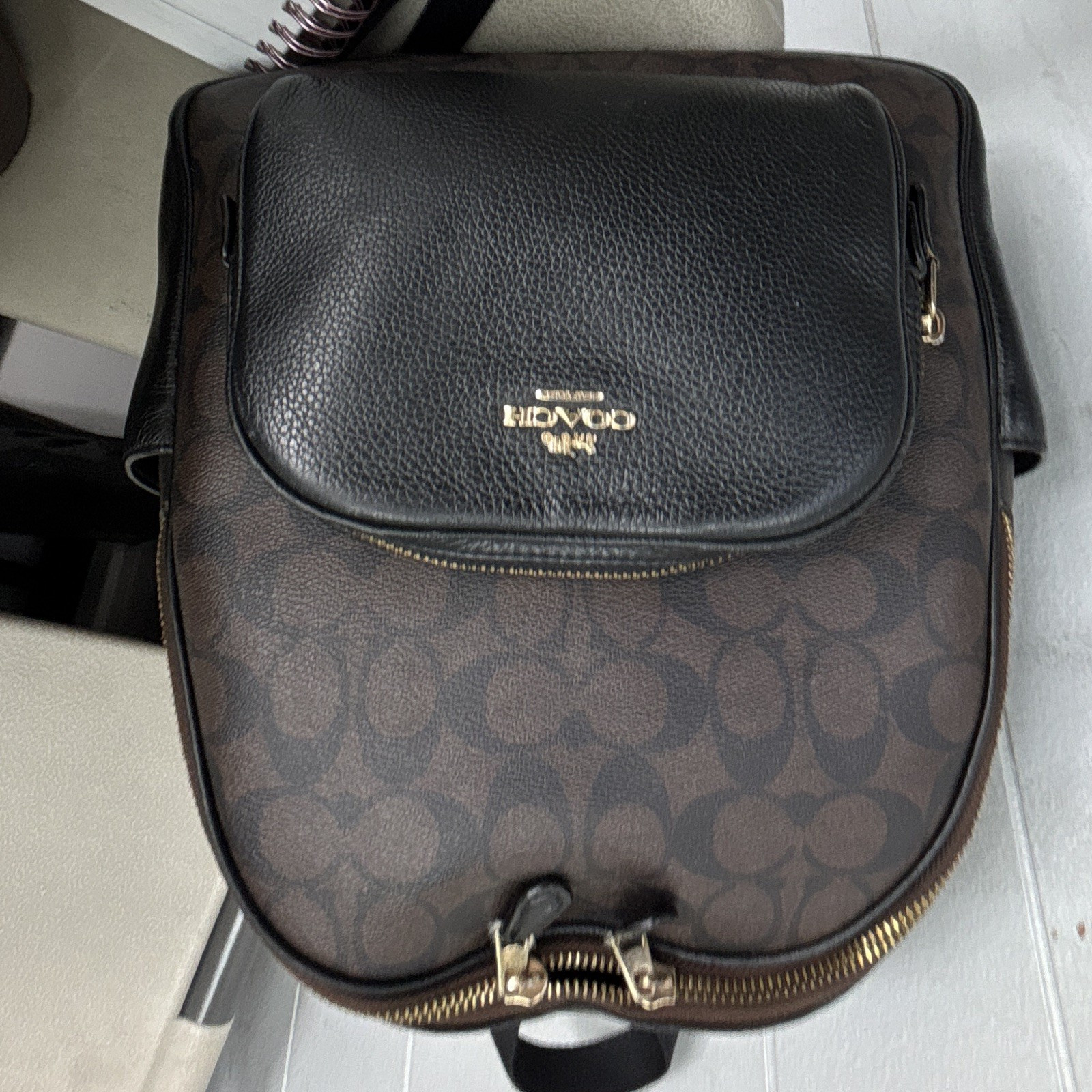 Coach Brown/Black Logo Zip Backpack w/ Outer Pocket, Top Handle, Gold HW