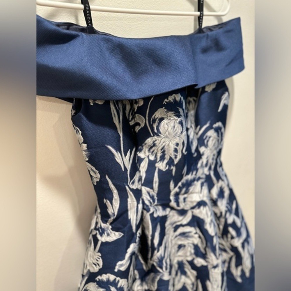 Frascara Navy Blue Silk Blend Floral Jacquard High-Low Off-Shoulder Dress