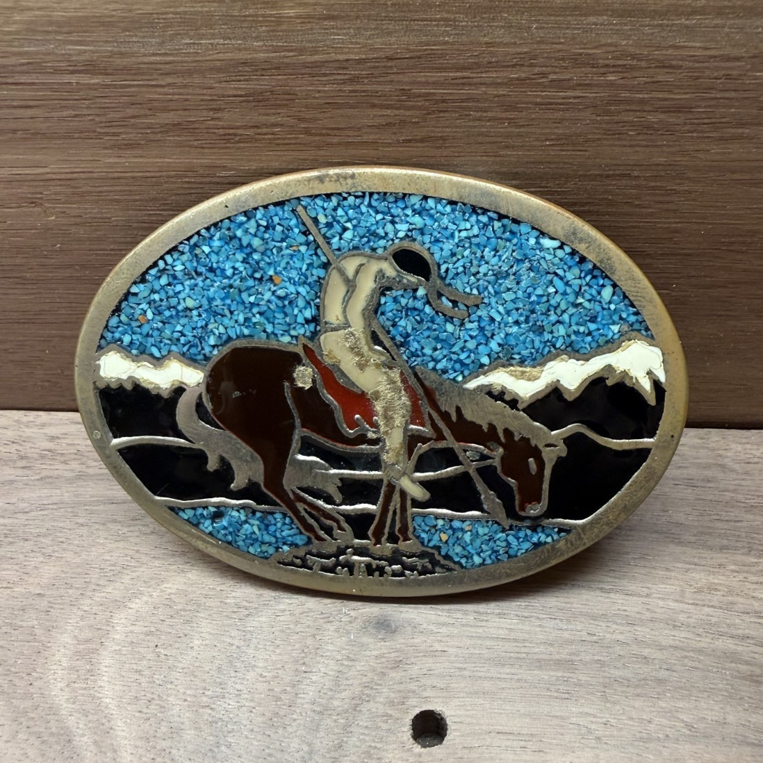 Oval Western Cowboy Enamel Belt Buckle Blue/Gold Metal Fits 1.75 in Belt