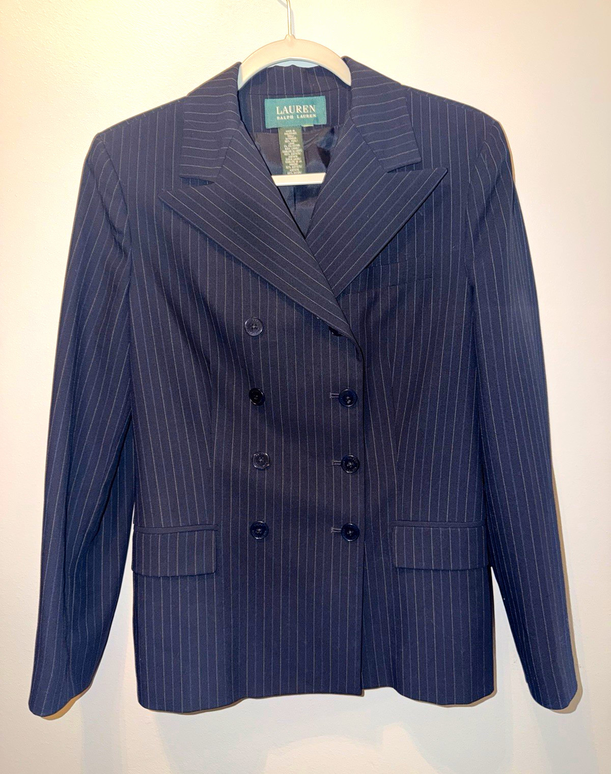 Lauren Ralph Lauren Navy Pinstripe Double-Breasted Wool Blazer Peak Lapel