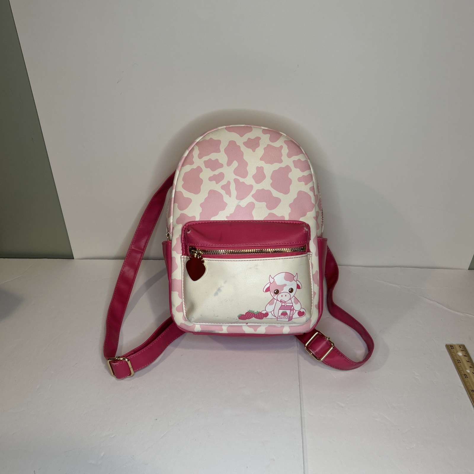 Strawberry Milk Cow Backpack Pink and White Used 11 Inches Gold Hardware Zipper