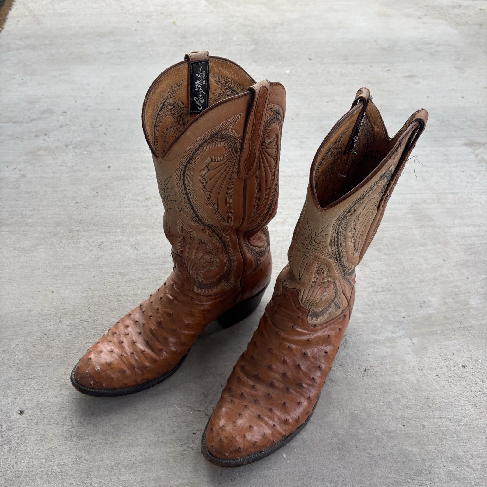 Larry Mahan Full Quill Ostrich Leather Cowboy Boots Cognac Brown Sz 9.5 Vintage