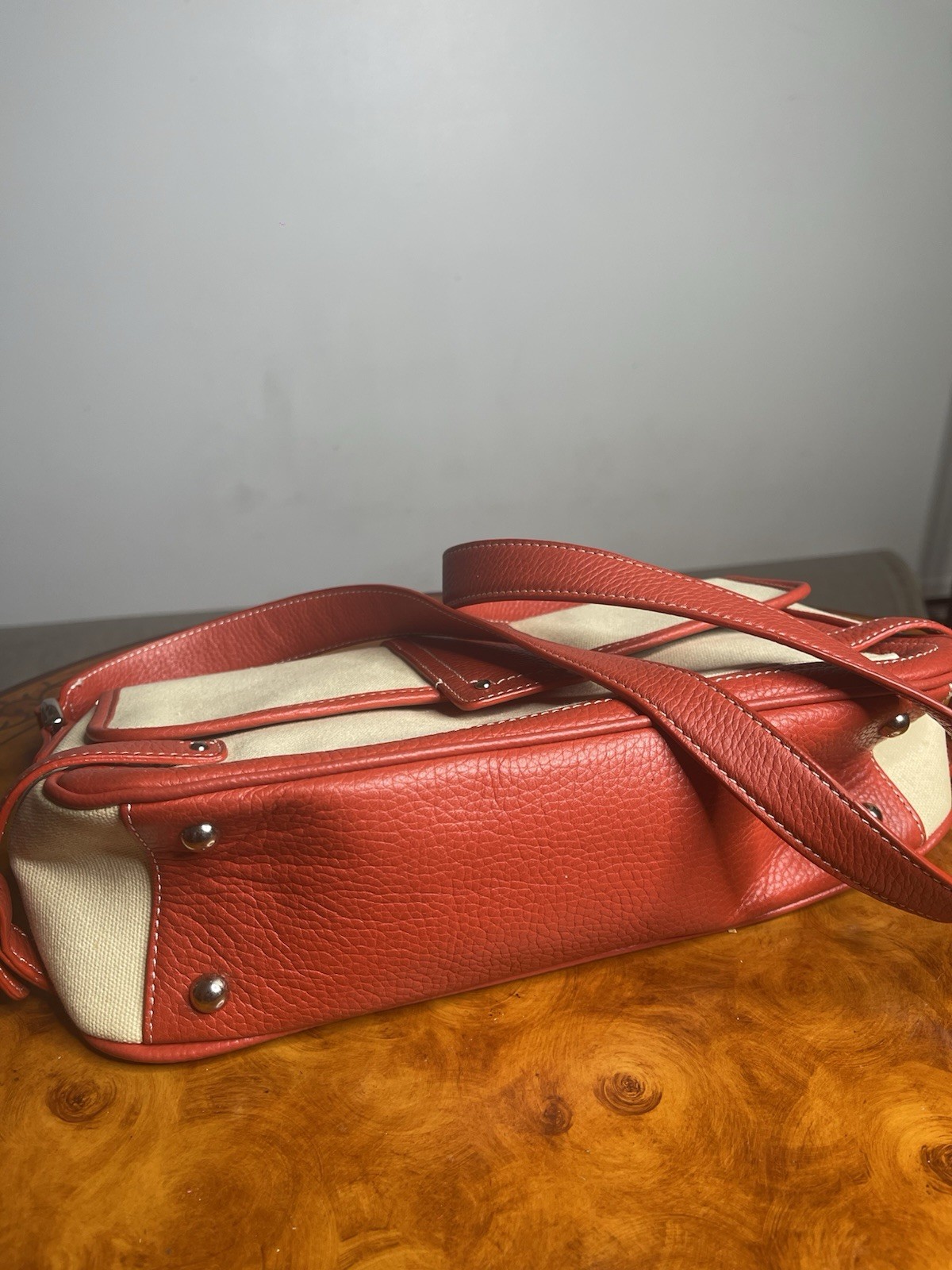 Tignanello Beige & Red Shoulder Bag, Buckle Accent, Magnetic Zip Closure