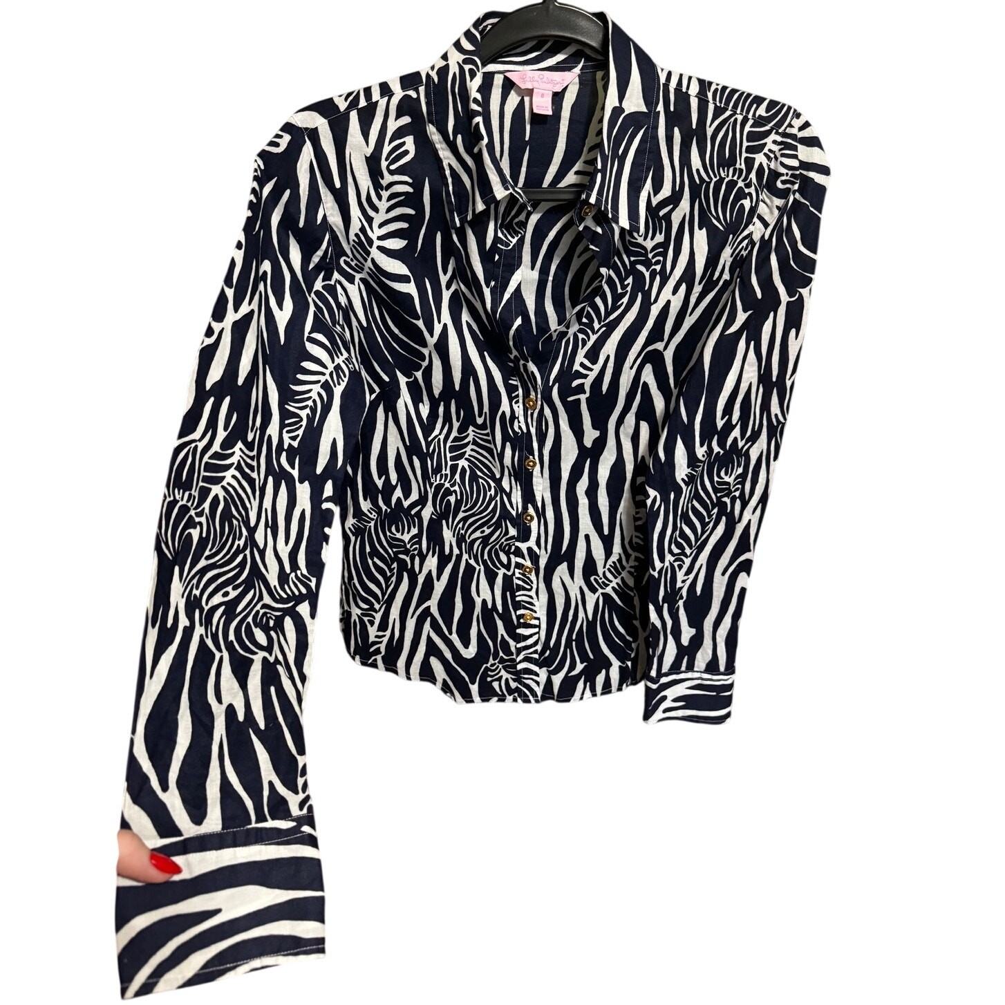 Lilly Pulitzer Entourage Zebra Button Down Shirt Navy Blue White Size 6