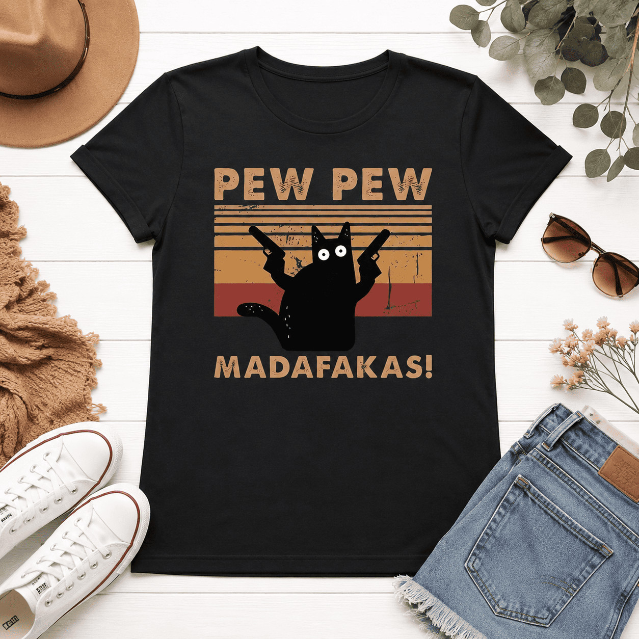 Pew Pew Madafakas Cat Shirt – Funny Black Cat Sunset Graphic Tee