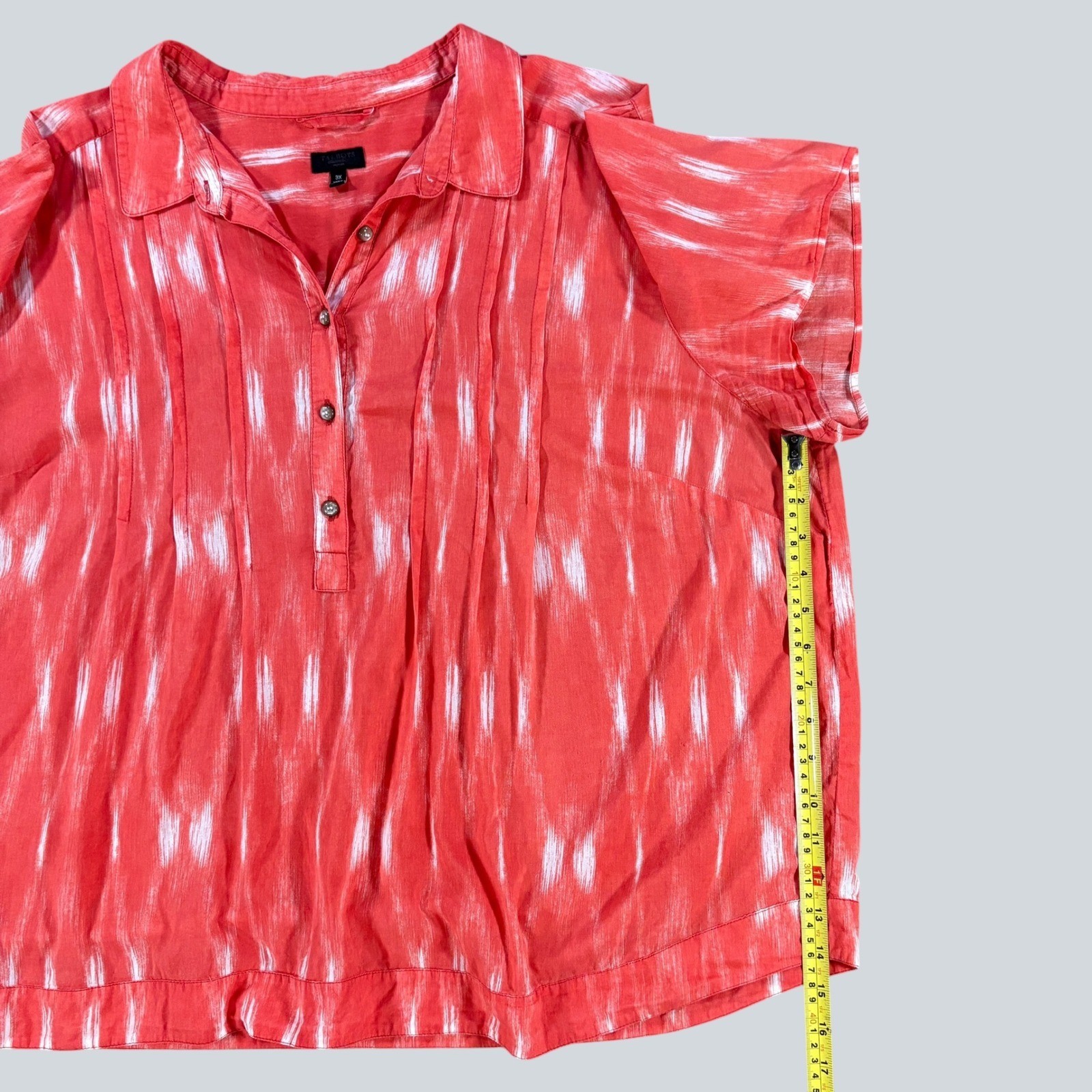 Talbots Woman 3X Coral Ikat Print Cotton Pintuck Short Sleeve Blouse Boho Top