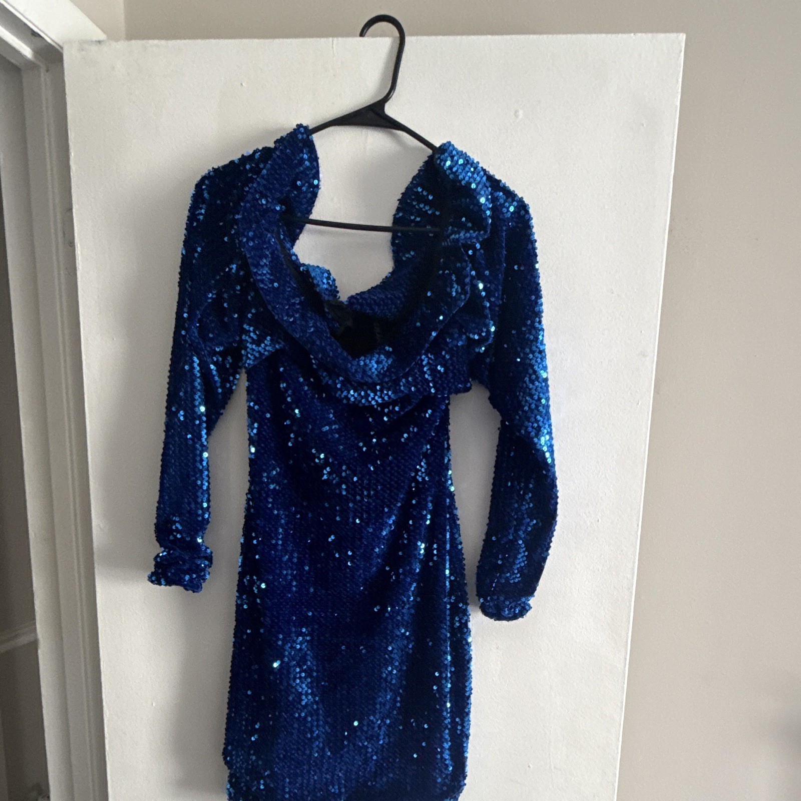 SPEECHLESS Women’s Blue Sequin Cowl Neck Lined Long Sleeve Mini Dress S