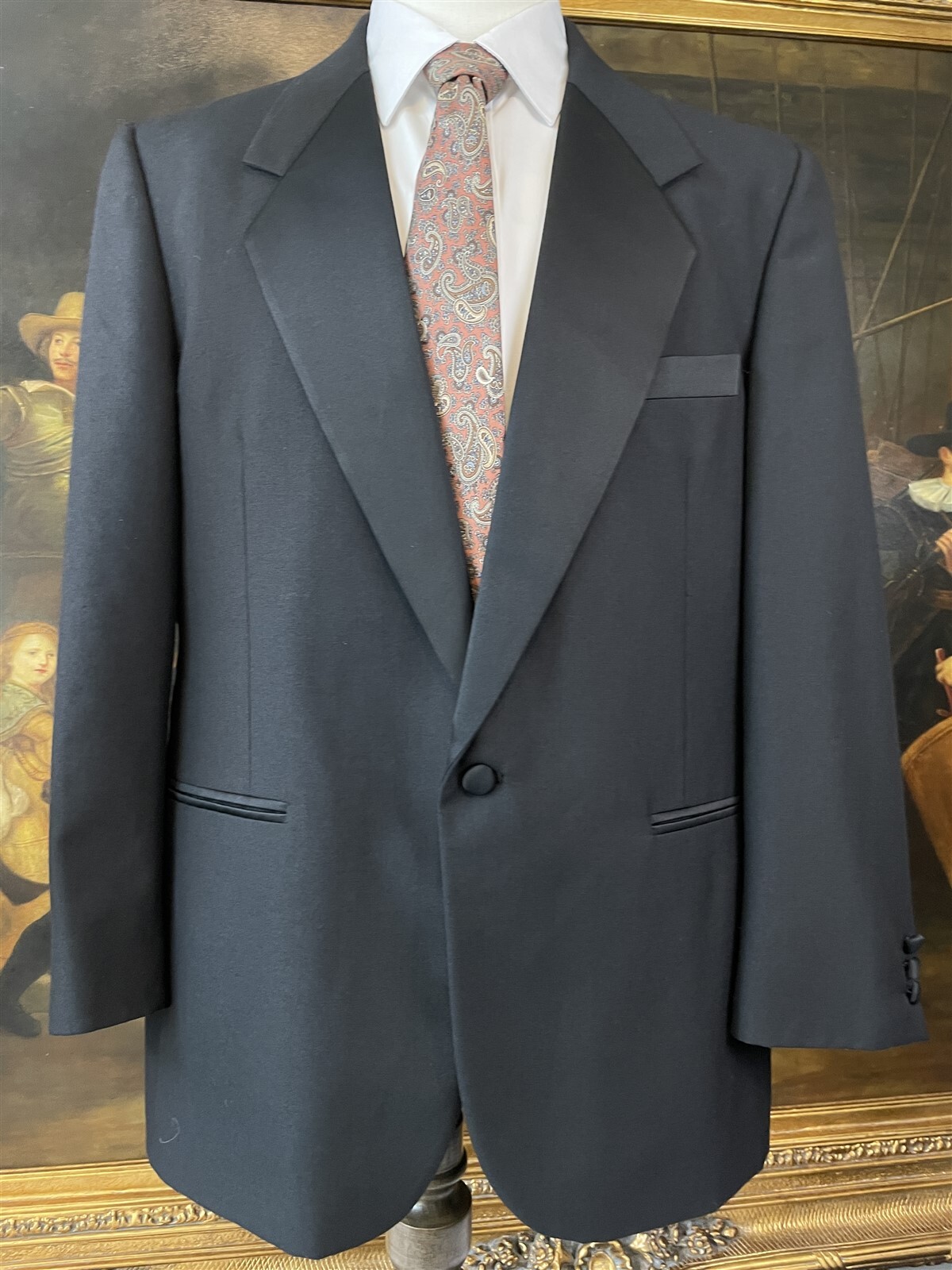 VTG Gianelli Uomo 42R 34 x 28 2Pc Black Wool Blend Hopsack 1Btn Tuxedo
