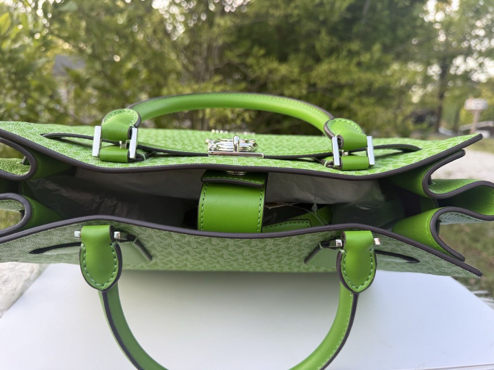 Michael Kors Medium Hamilton Satchel MK Logo Leather Jungle Green Crossbody