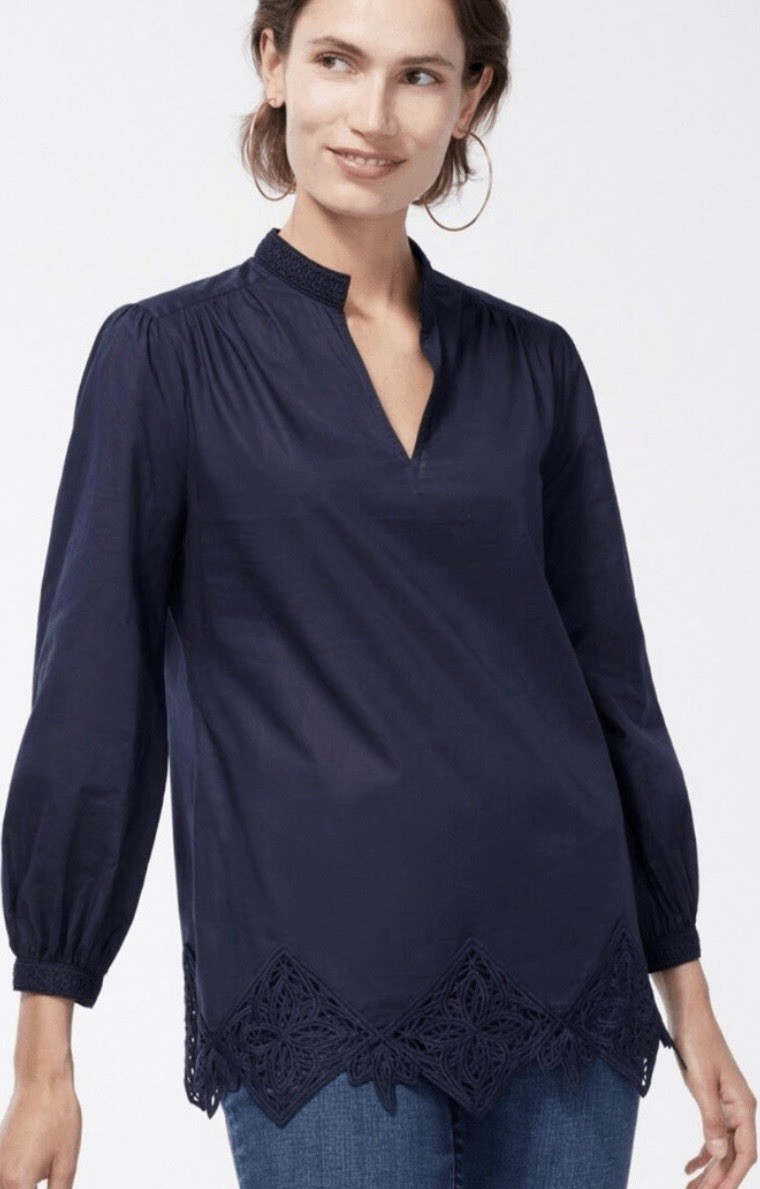 Chico’s Sz 3.5 = 18 Navy Blue Lace Trim Tunic Blouse Boho Top