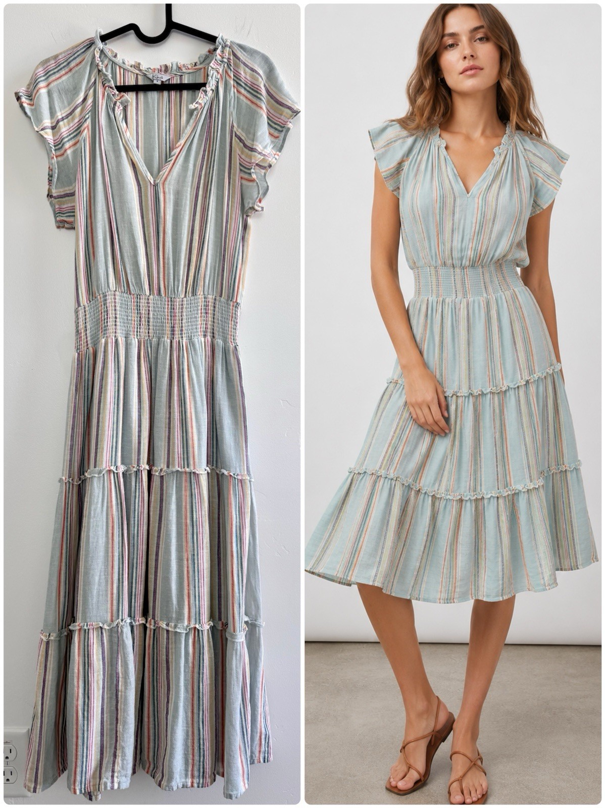 Rails Amellia Linen Blend Midi Dress Striped Smocked Tiered Size S Bohemian