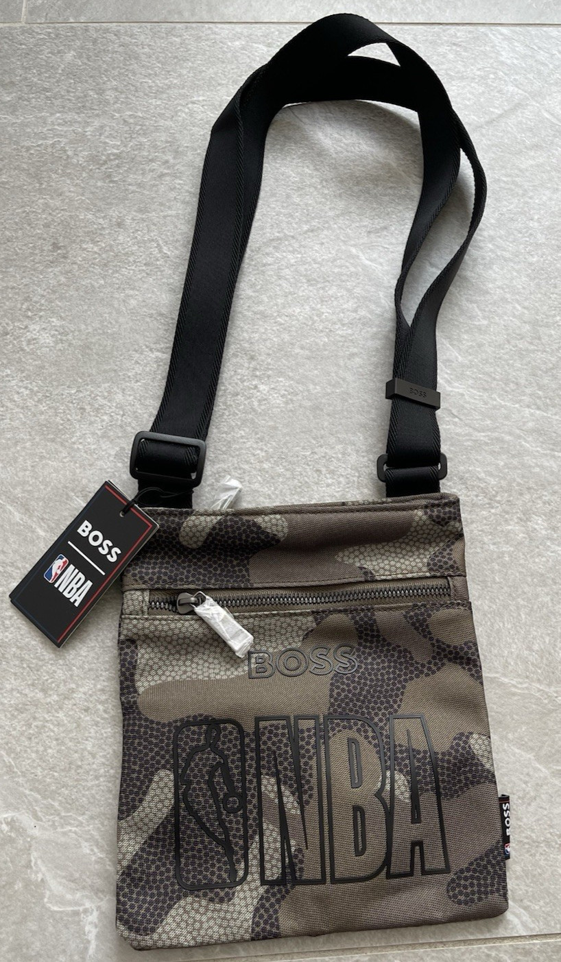 NEW BOSS X NBA ENVELOPE BAG LOGO EMBOSSED GREEN CAMO CROSSBODY 8.75” x 7.5”