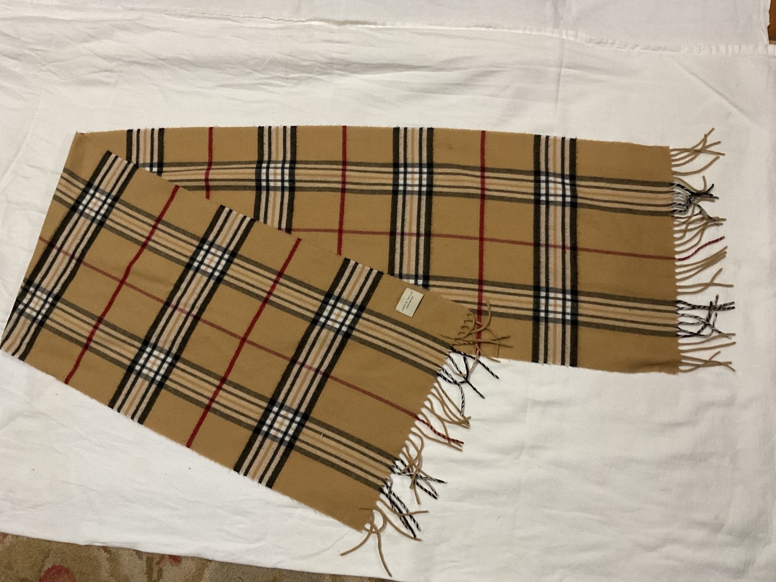 Lord And Taylor Scarf Made In Germany Tan & Black Wool Plaid 64 inches l