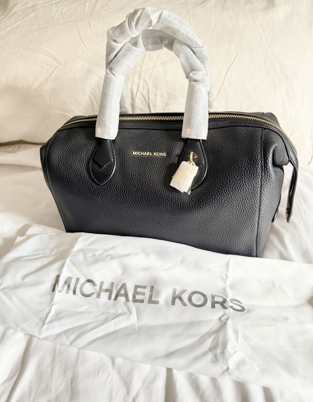 Michael Kors Black Pebbled Satchel Top Handle Zip Gold Hardware Detachable Strap