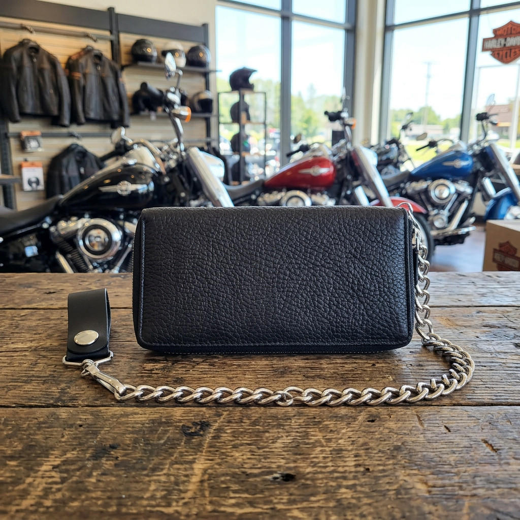 Genuine Full Cowhide Leather Biker All Over Zipper 7″ Wallet With Chain Black