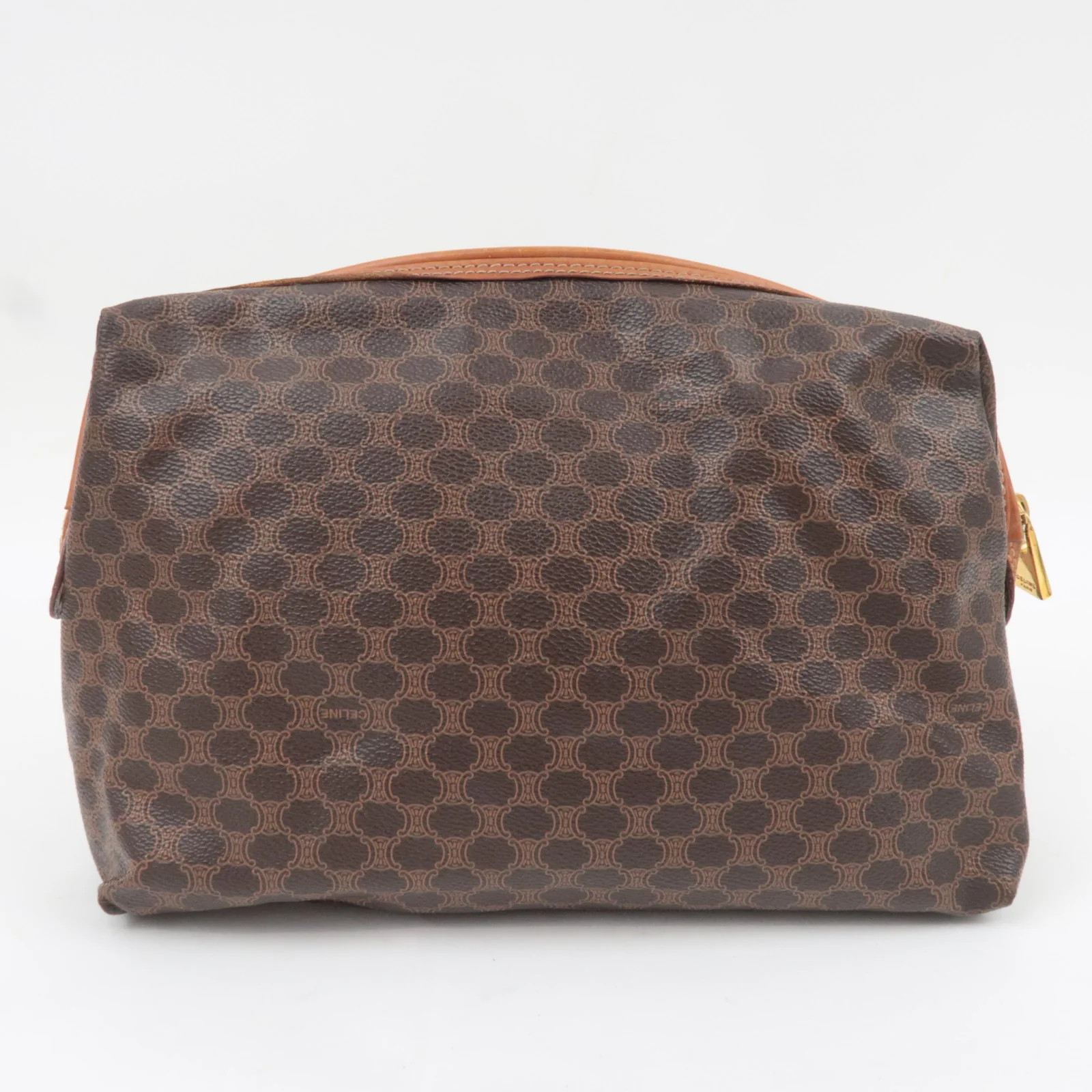 CELINE Macadam PVC Leather Cosmetic Pouch Brown Gold HDW Authentic