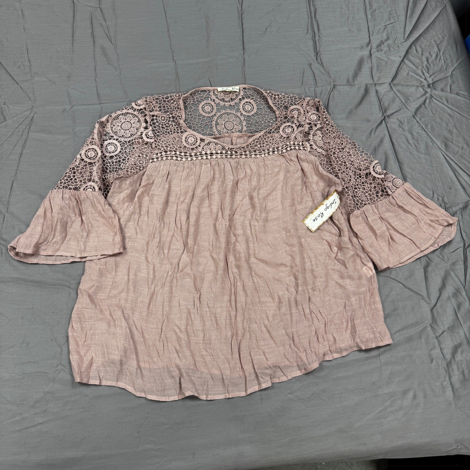 Indigo Rose Women 3X Mauve Pink Crochet Lace Bell Sleeve Boho Blouse New