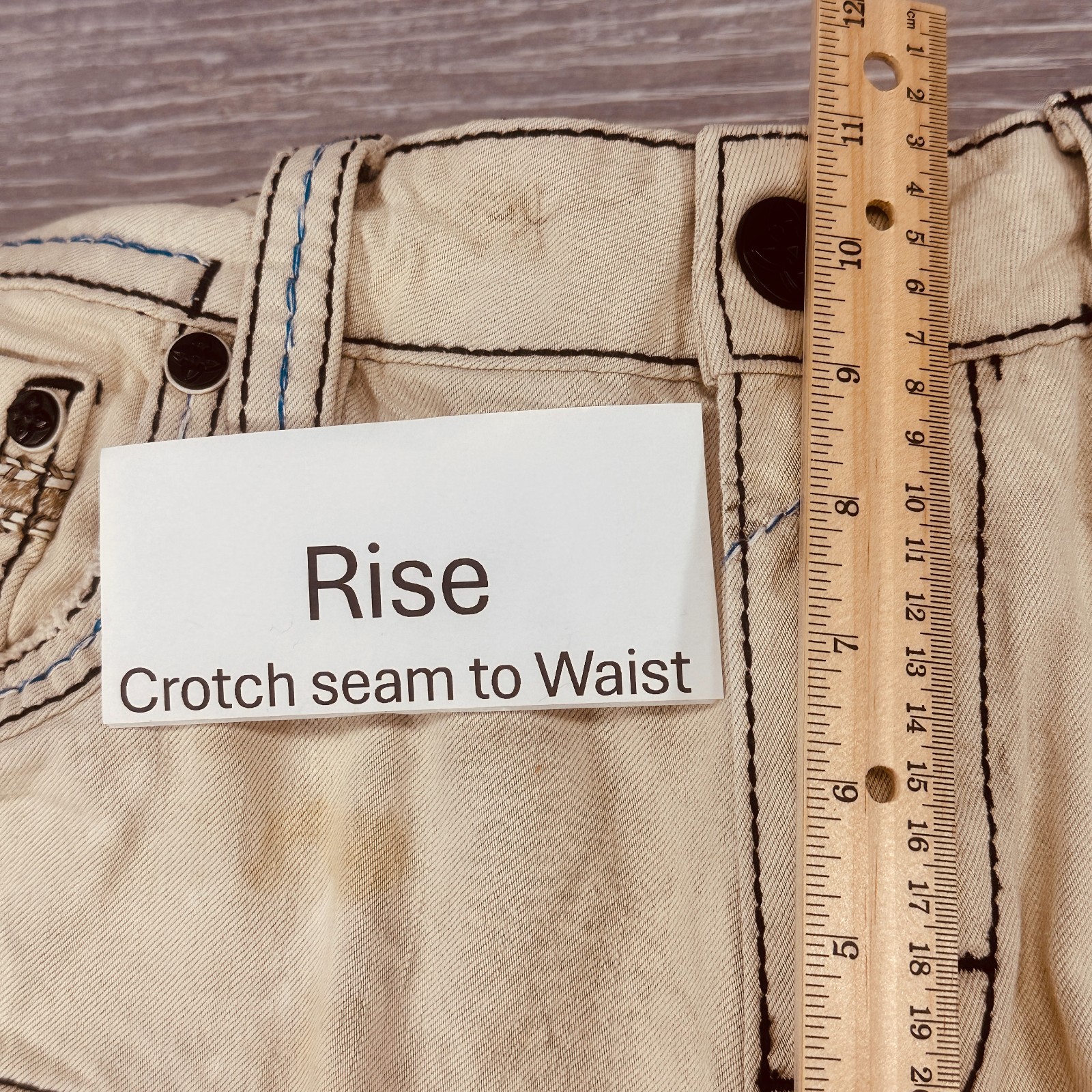 Rock Revivial Callan Biker Beige Jeans Acid Distressed Embroidery Size 38 x 33