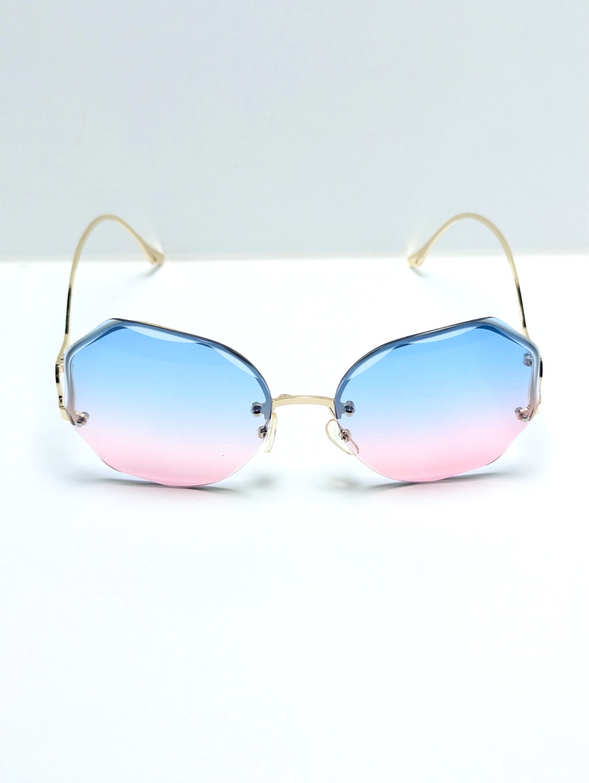 Chic Blue Pink Gradient UV Gold Geometric Semi Rim Women’s Fashion Sunglasses