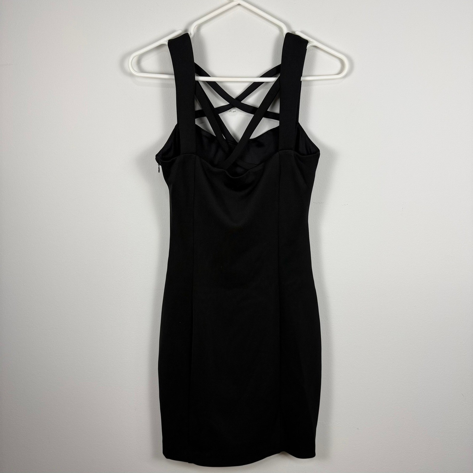 GUESS Los Angeles Black Bodycon Dress Cage Strappy Neck Mini Sheath LBD