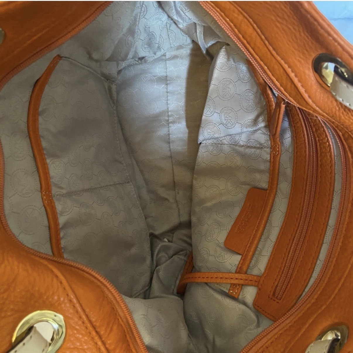 Michael Kors Large Orange Tote Zip Top w/ MK Charm, Beige Straps, Gold HW
