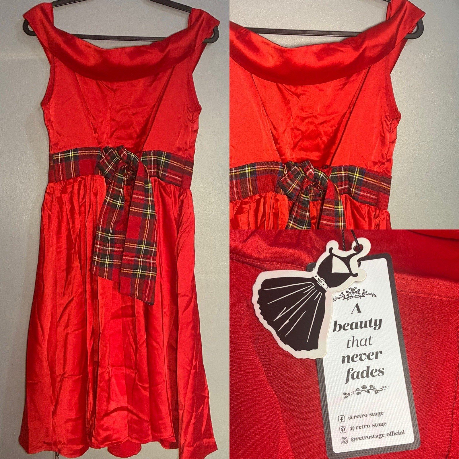 NEW WITH TAGS Retro Stage XL Red Satin Party Dress Plaid Pinup A-line Rockabilly