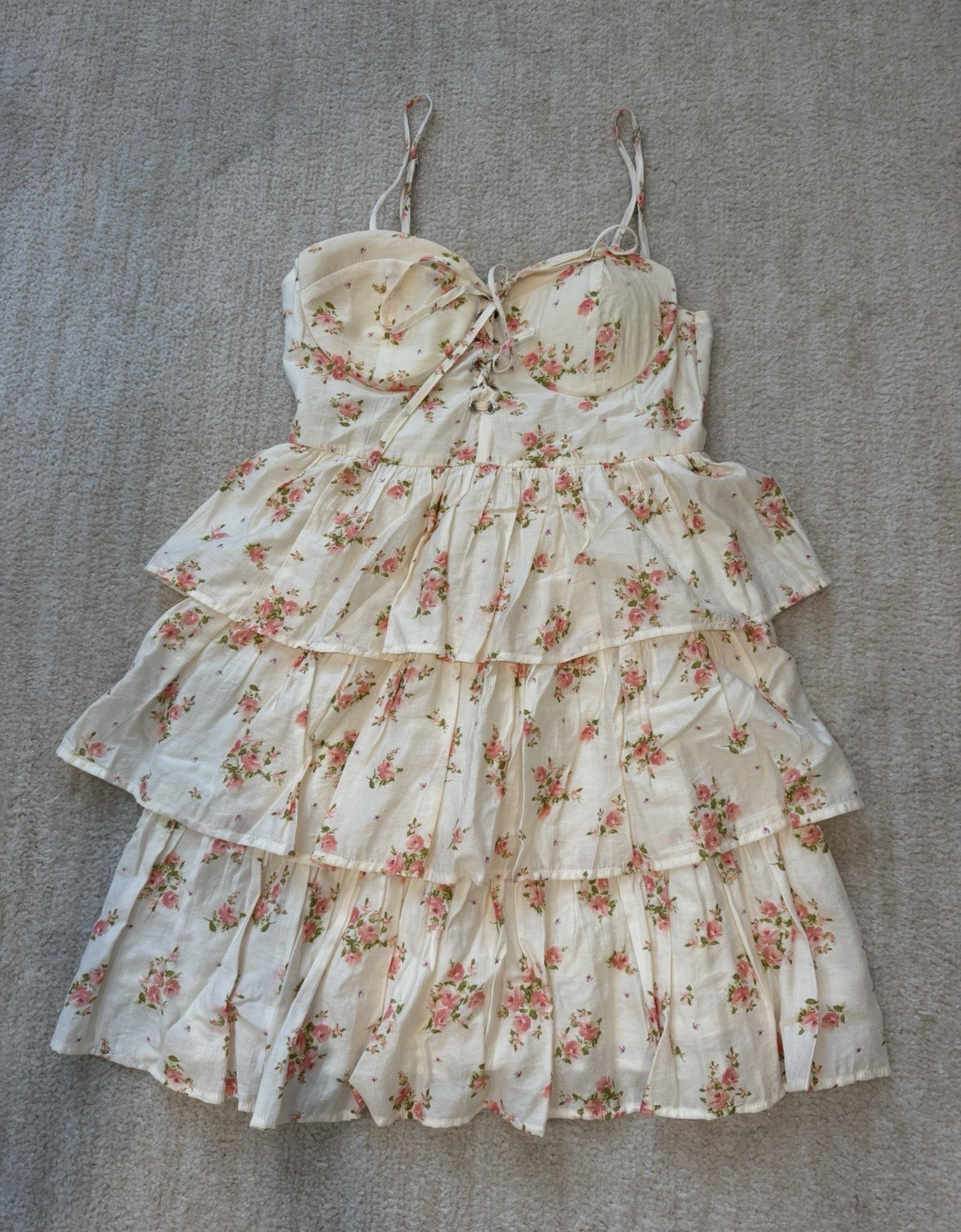 Altar’d State Ivory Pink Green Floral Sweetheart Smocked Lace-Up Mini Dress S