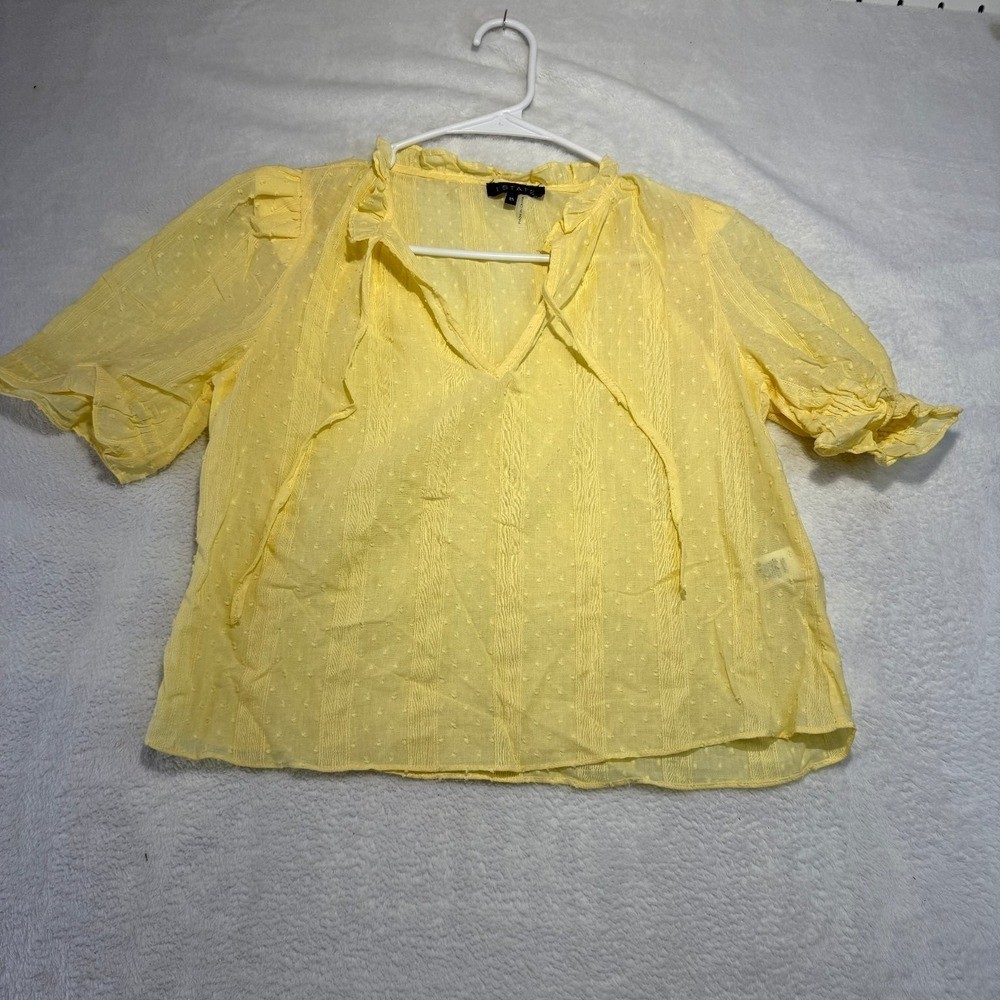 1 STATE Women’s Yellow XS Swiss Dot Ruffle Tie V-Neck Puff Sleeve Top