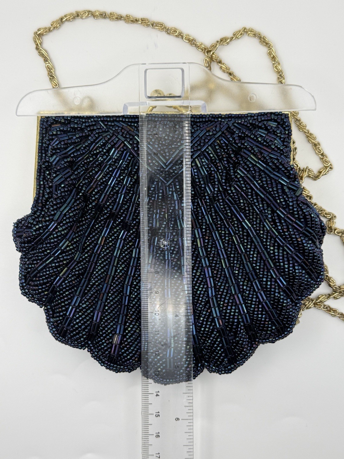 Le Regale Navy Blue Vintage Beaded Clutch Kiss Lock Gold Chain Strap