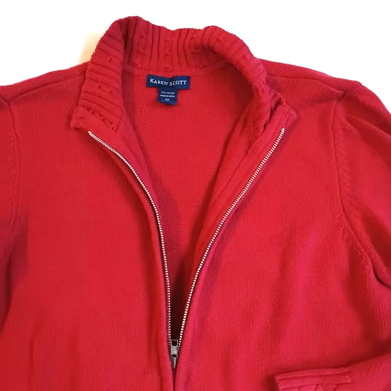 (M) Karen Scott Cotton Zip Sweater/Cardigan Cableknit Holiday sz Medium