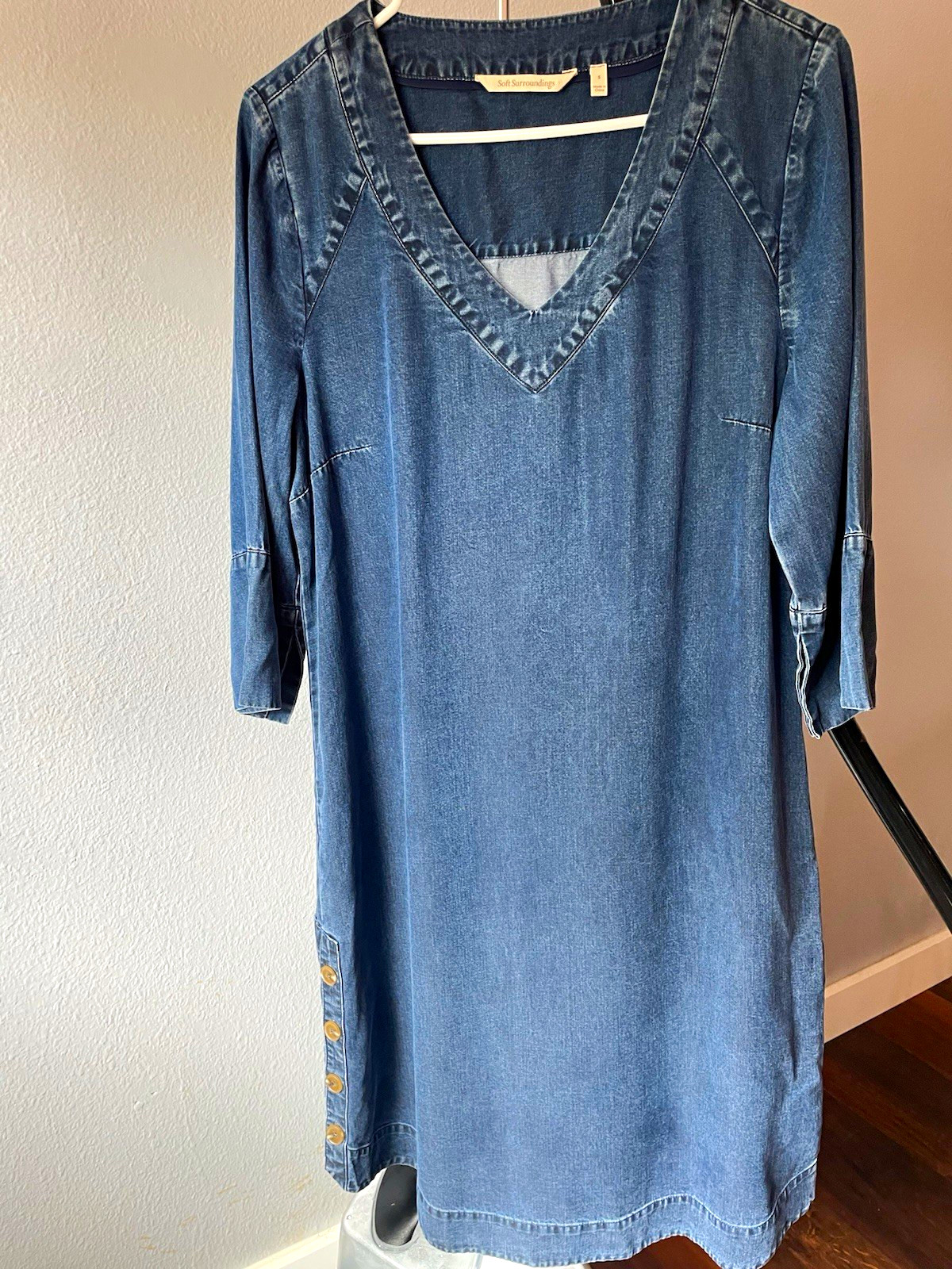 Soft Surroundings Blue Denim Lyocell V-Neck 3/4 Sleeve Knee Length Dress S
