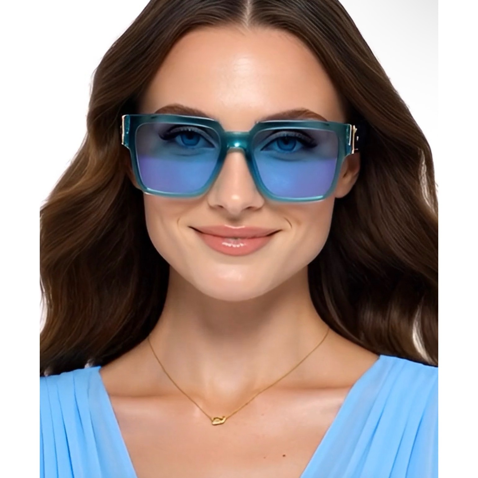 Womens Oversized Square Translucent Blue Sunglasses Gold Hardware 153mm Frame