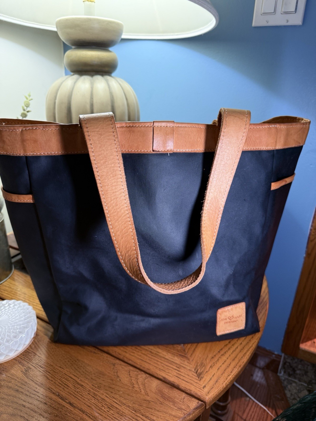 Jon Hart Design Navy Canvas Leather Large Tote Bag Travel Carryall Personalized
